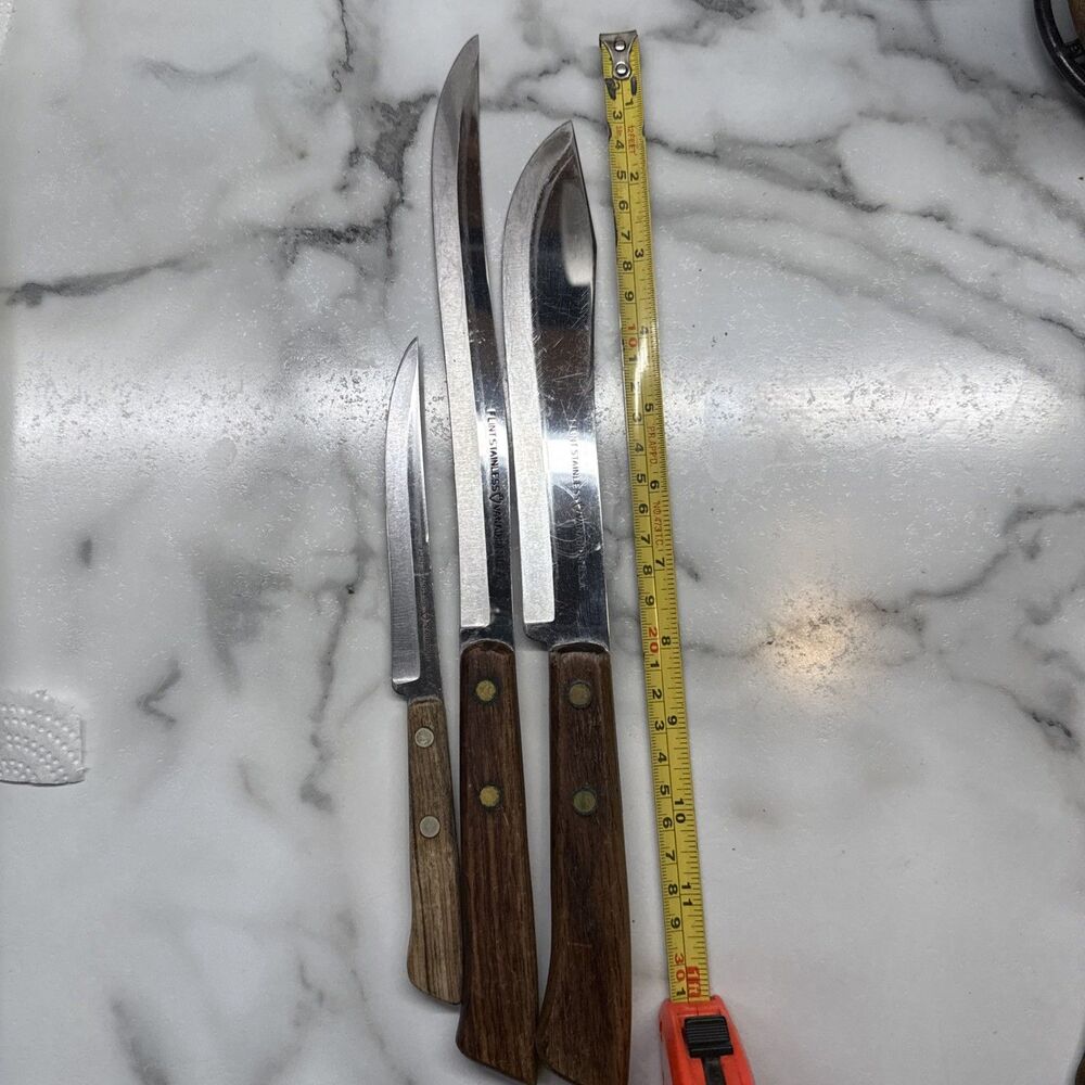 Vintage Ekco Flint Stainless Vanadium Knife Set of 3 Wood Handle USA